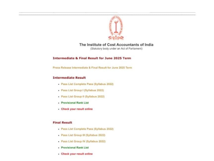  ICMAI CMA Result June 2025 Out